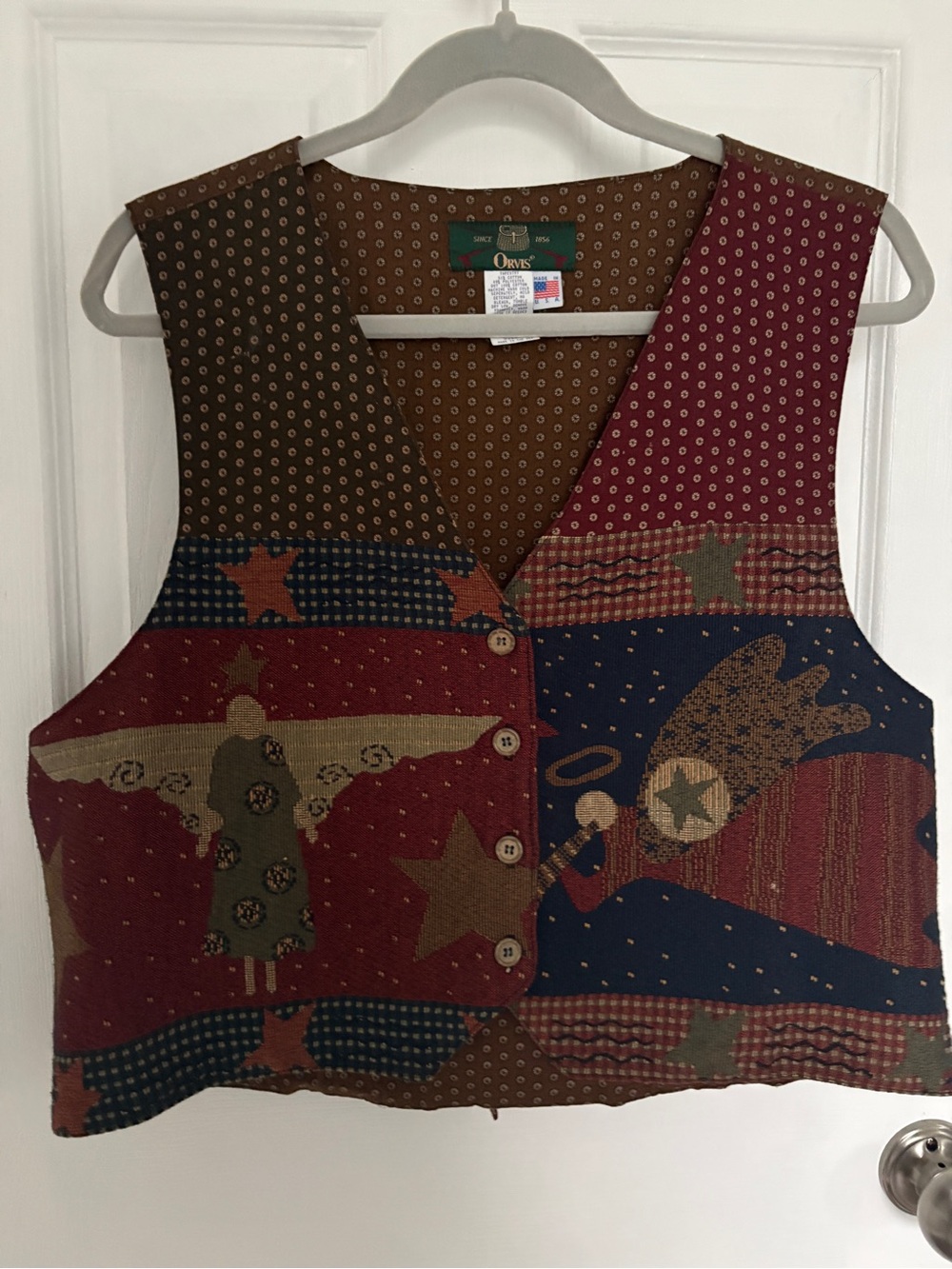 Orvis Patchwork Angel & Star Folk Vest in Red, Brown & Navy #0356